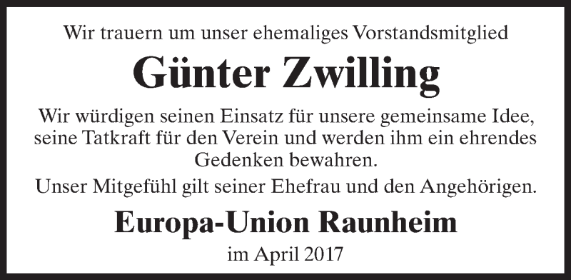  Traueranzeige für Günter Zwilling vom 08.04.2017 aus Trauerportal Rhein Main Presse