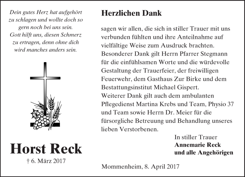  Traueranzeige für Horst Reck vom 08.04.2017 aus Trauerportal Rhein Main Presse
