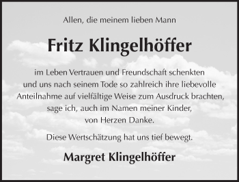 Traueranzeige von Fritz Klingelhöffer von Trauerportal Rhein Main Presse