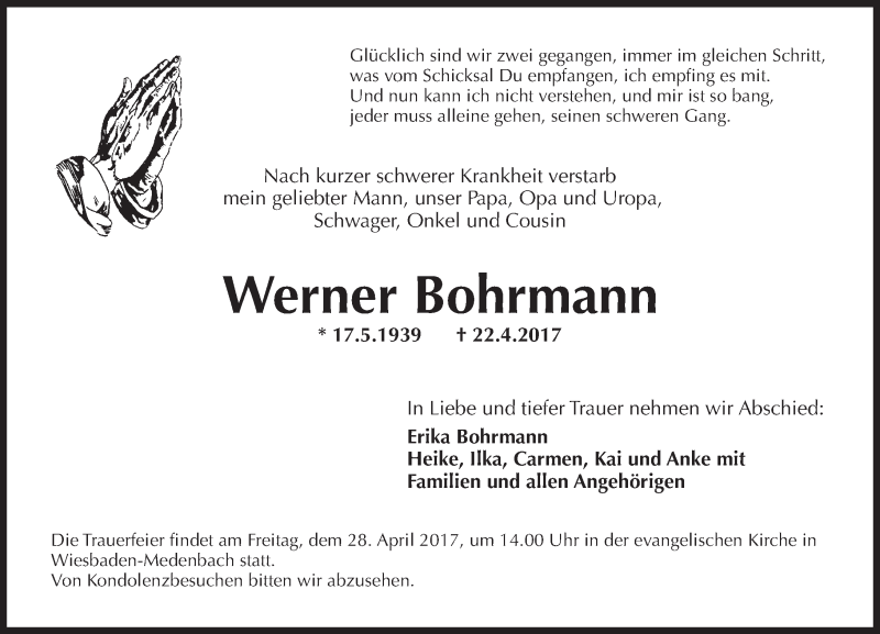  Traueranzeige für Werner Bohrmann vom 26.04.2017 aus Trauerportal Rhein Main Presse
