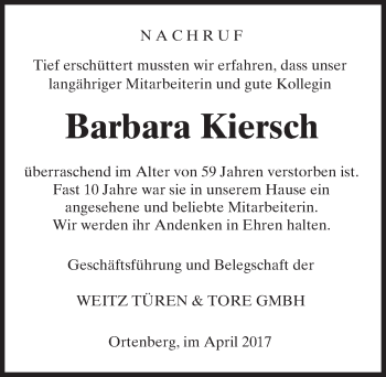 Traueranzeige von Barbara Kiersch von  Kreisanzeiger
