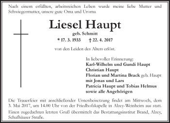 Traueranzeige von Liesel Haupt von Trauerportal Rhein Main Presse