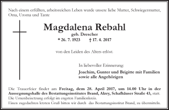 Traueranzeige von Magdalena Rebahl von Trauerportal Rhein Main Presse