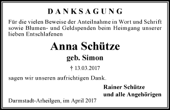 Traueranzeige von Anna Schütze von Trauerportal Echo Online