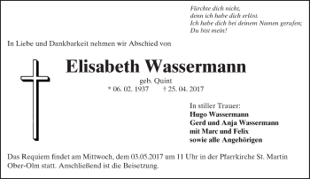 Traueranzeige von Elisabeth Wassermann von Trauerportal Rhein Main Presse