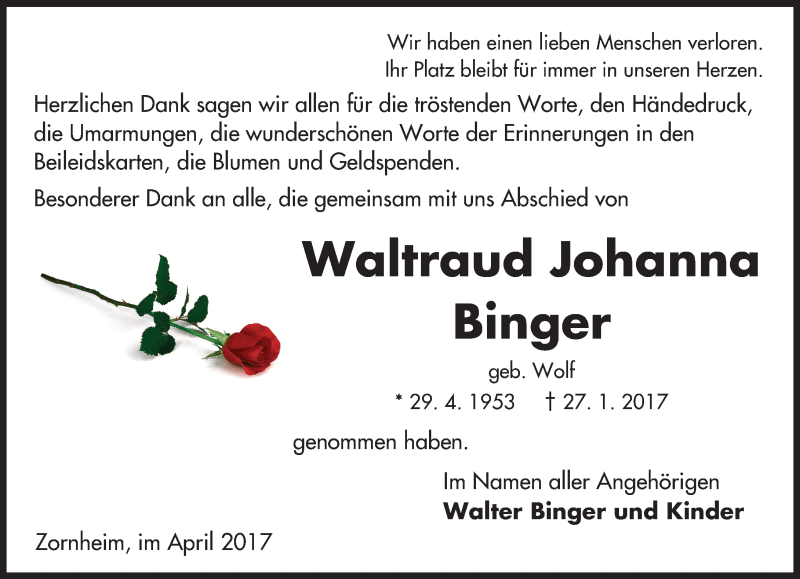  Traueranzeige für Waltraud Johanna Binger vom 01.04.2017 aus Trauerportal Rhein Main Presse
