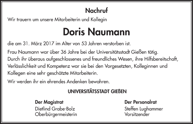  Traueranzeige für Doris Naumann vom 06.04.2017 aus  Gießener Anzeiger
