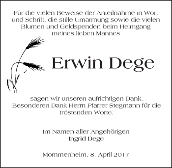 Traueranzeige von Erwin Dege von Trauerportal Rhein Main Presse