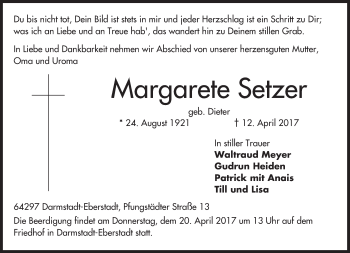 Traueranzeige von Margarete Setzer von Trauerportal Echo Online