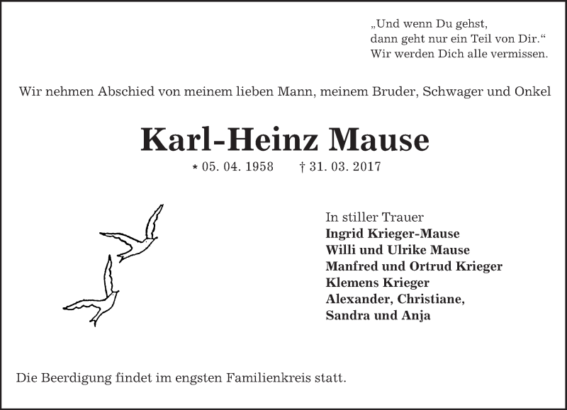  Traueranzeige für Karl-Heinz Mause vom 08.04.2017 aus Trauerportal Rhein Main Presse