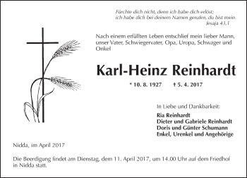Traueranzeige von Karl-Heinz Reinhardt von  Kreisanzeiger
