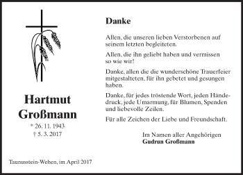 Traueranzeige von Hartmut Großmann von Trauerportal Rhein Main Presse