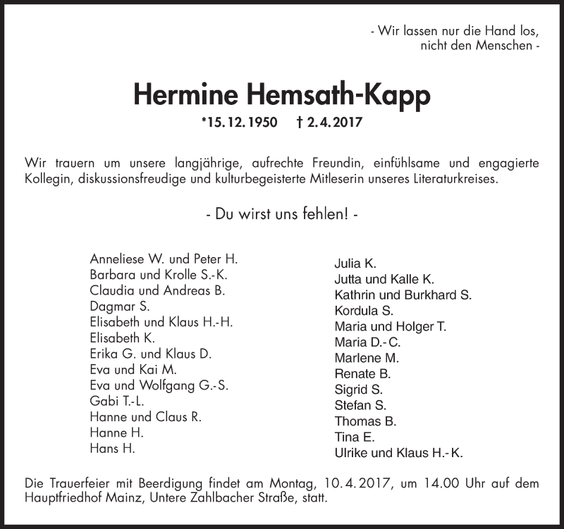  Traueranzeige für Hermine Hemsath-Kapp vom 08.04.2017 aus Trauerportal Rhein Main Presse