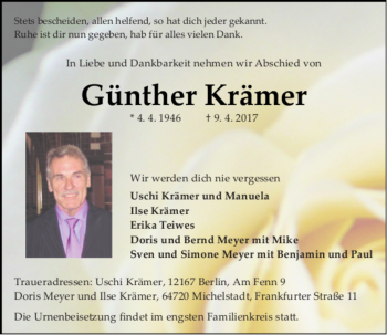 Traueranzeige von Günther Krämer von Trauerportal Echo Online