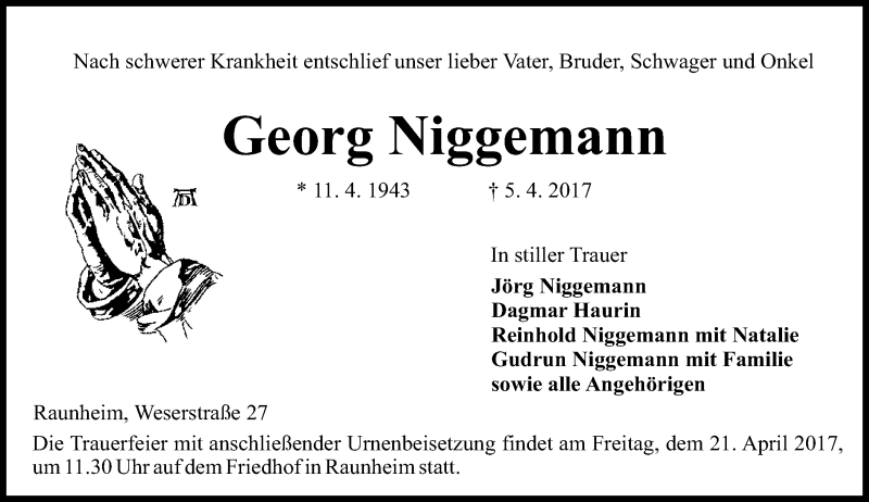  Traueranzeige für Georg Niggemann vom 15.04.2017 aus Trauerportal Rhein Main Presse