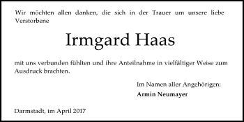 Traueranzeige von Irmgard Haas von Trauerportal Echo Online