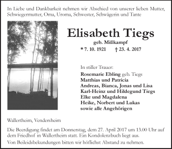 Traueranzeige von Elisabeth Tiegs von Trauerportal Rhein Main Presse
