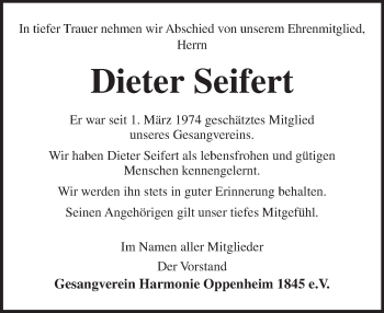 Traueranzeige von Dieter Seifert von Trauerportal Rhein Main Presse