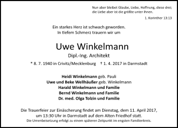 Traueranzeige von Uwe Winkelmann von Trauerportal Echo Online