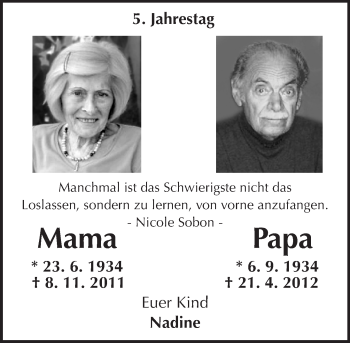 Traueranzeige von Mama und Papa  von Trauerportal Rhein Main Presse