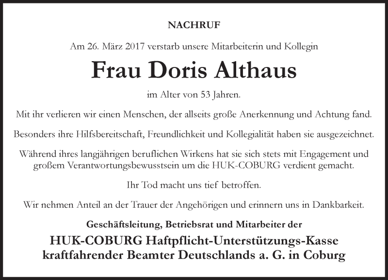  Traueranzeige für Doris Althaus vom 01.04.2017 aus Trauerportal Rhein Main Presse