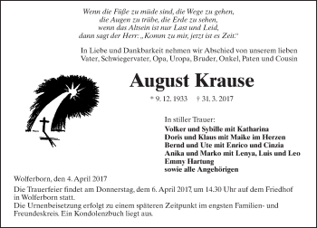 Traueranzeige von August Krause von  Kreisanzeiger