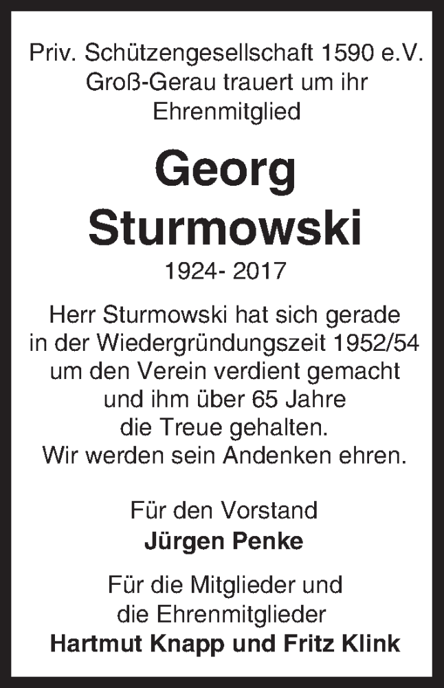  Traueranzeige für Georg Sturmowski vom 15.04.2017 aus Trauerportal Echo Online