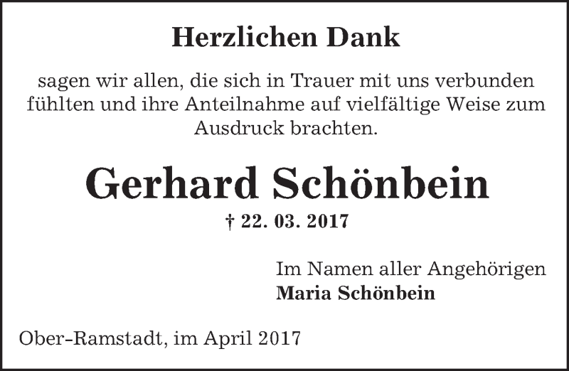  Traueranzeige für Gerhard Schönbein vom 22.04.2017 aus Trauerportal Echo Online