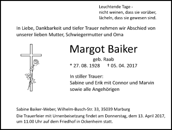 Traueranzeige von Margot Baiker von Trauerportal Rhein Main Presse
