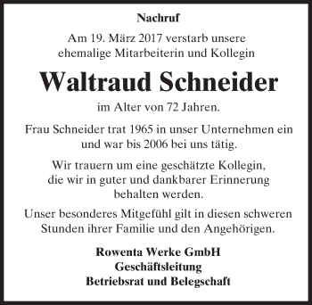 Traueranzeige von Waltraud Schneider von Trauerportal Echo Online