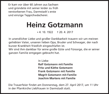 Traueranzeige von Heinz Gotzmann von Trauerportal Echo Online