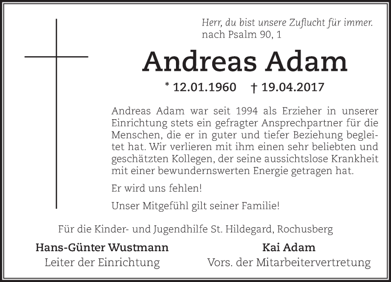  Traueranzeige für Andreas Adam vom 22.04.2017 aus Trauerportal Rhein Main Presse