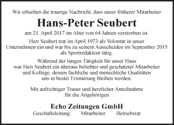 Traueranzeige von Hans-Peter Seubert von Trauerportal Echo Online
