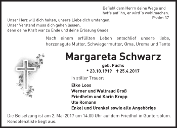 Traueranzeige von Margareta Schwarz von Trauerportal Rhein Main Presse