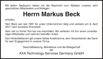 Traueranzeige von Markus Beck von Trauerportal Rhein Main Presse