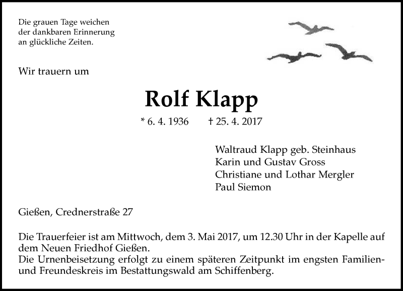  Traueranzeige für Rolf Klapp vom 28.04.2017 aus  Gießener Anzeiger