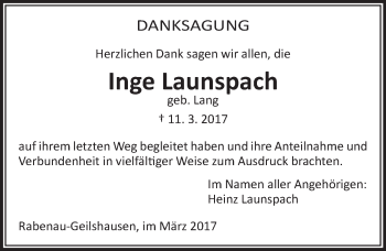 Traueranzeige von Inge Launspach von  Gießener Anzeiger