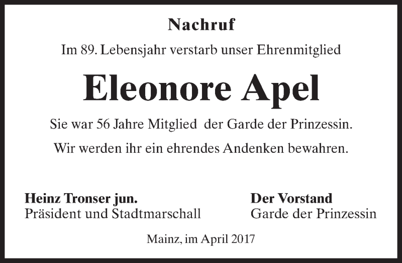  Traueranzeige für Eleonore Apel vom 08.04.2017 aus Trauerportal Rhein Main Presse