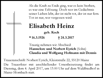 Traueranzeige von Elisabeth Heinz von Trauerportal Rhein Main Presse