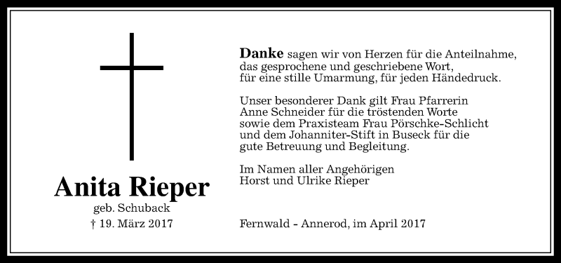  Traueranzeige für Anita Rieper vom 29.04.2017 aus  Gießener Anzeiger