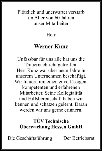 Traueranzeige von Werner Kunz von Trauerportal Rhein Main Presse