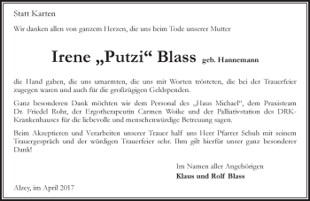 Traueranzeige von Irene Blass von Trauerportal Rhein Main Presse