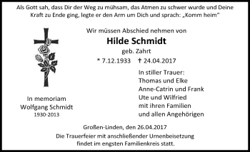 Traueranzeige von Hilde Schmidt von  Gießener Anzeiger