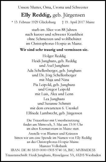 Traueranzeige von Elly Reddig von Trauerportal Rhein Main Presse