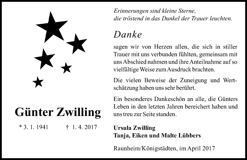  Traueranzeige für Günter Zwilling vom 22.04.2017 aus Trauerportal Rhein Main Presse