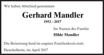 Traueranzeige von Gerhard Mandler von  Gießener Anzeiger