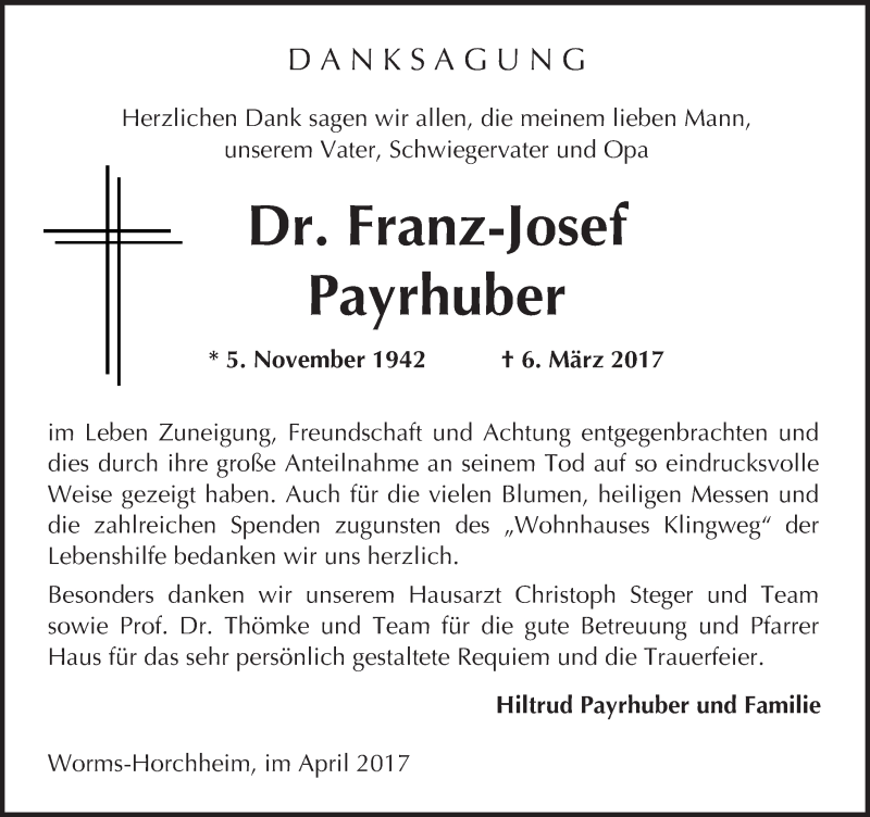  Traueranzeige für Franz-Josef Payrhuber vom 15.04.2017 aus Trauerportal Rhein Main Presse