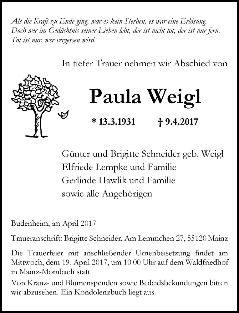  Traueranzeige für Paula Weigl vom 15.04.2017 aus Trauerportal Rhein Main Presse