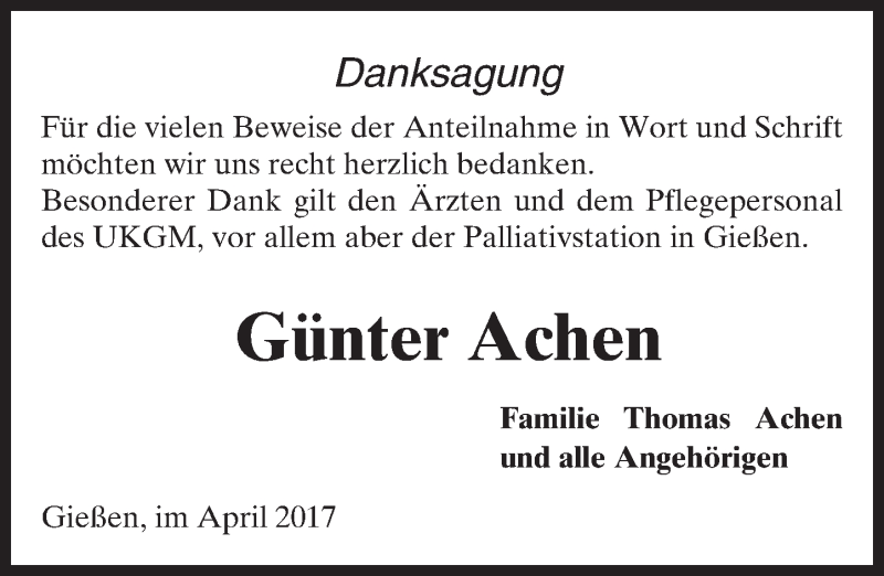  Traueranzeige für Günter Achen vom 04.04.2017 aus  Gießener Anzeiger