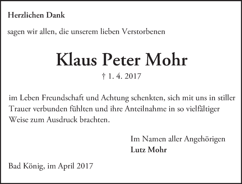  Traueranzeige für Klaus Peter Mohr vom 22.04.2017 aus Trauerportal Echo Online